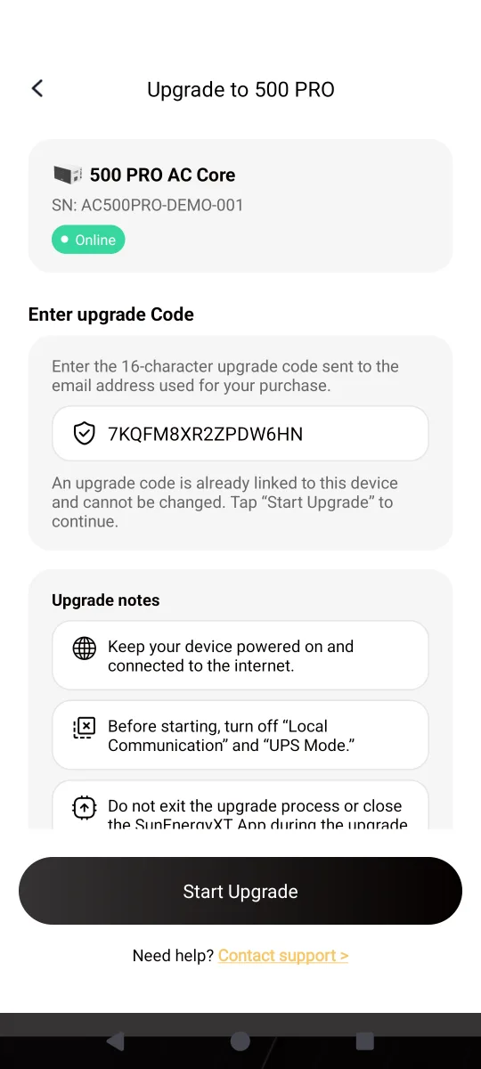 Introducir código de upgrade